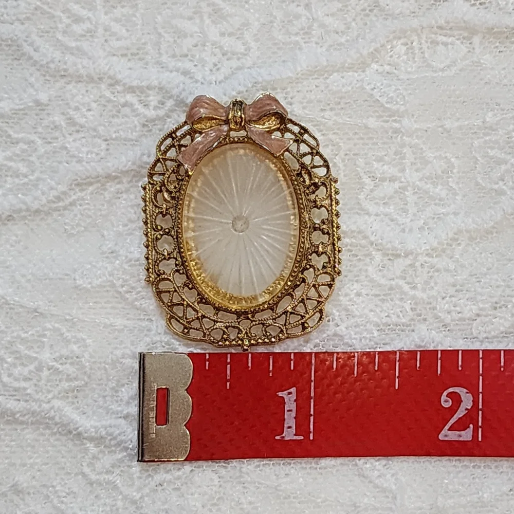 Vintage Filigree Gold Toned Brooch With Enameled Pink Bow